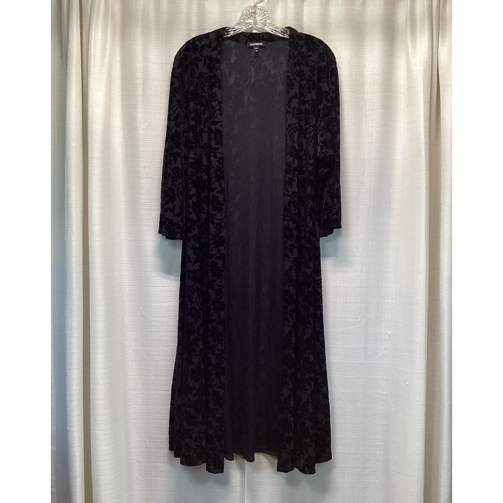Express Womens Black Velvet Floral Duster Cardigan Maxi Open Front XS Whimsygoth